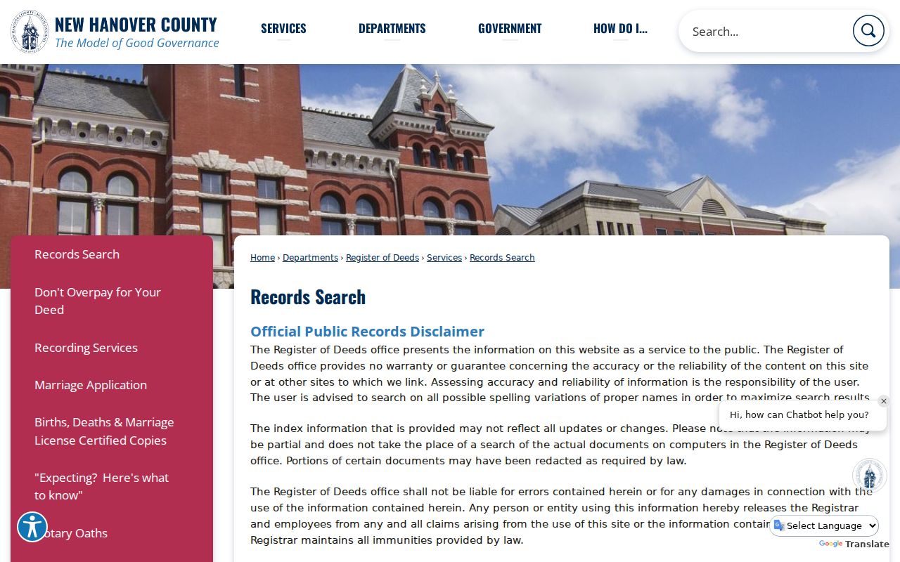 New Hanover County people search through the Register of Deeds disclaimer