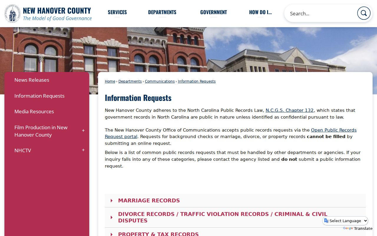 New Hanover County public records request routing page