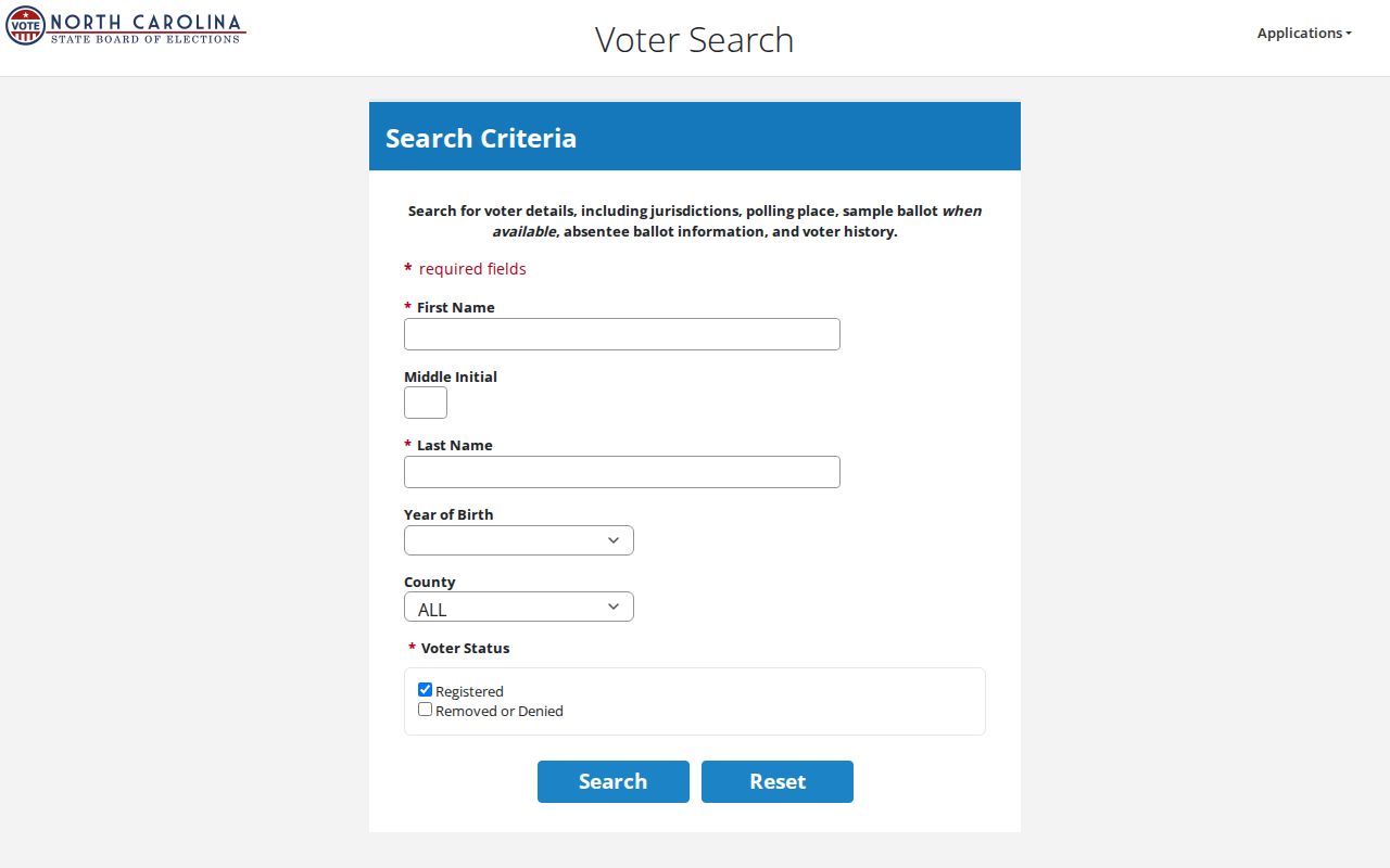 New Hanover County voter registration search form from NCSBE